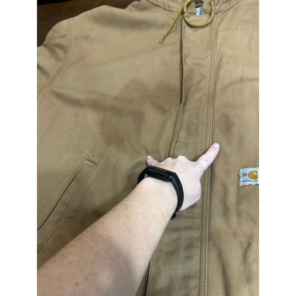 Carhartt FR Duck Canvas Jacket Mens 4XL Work Coat Hood Full Zip Brown Stains - Picture 9 of 15